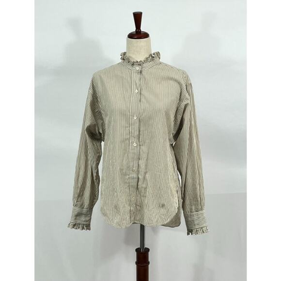 ISABEL MARANT Etoile Sz 40 8 Saoli Tan Stripe Ruffle Trim Shirt Top - Picture 9 of 10